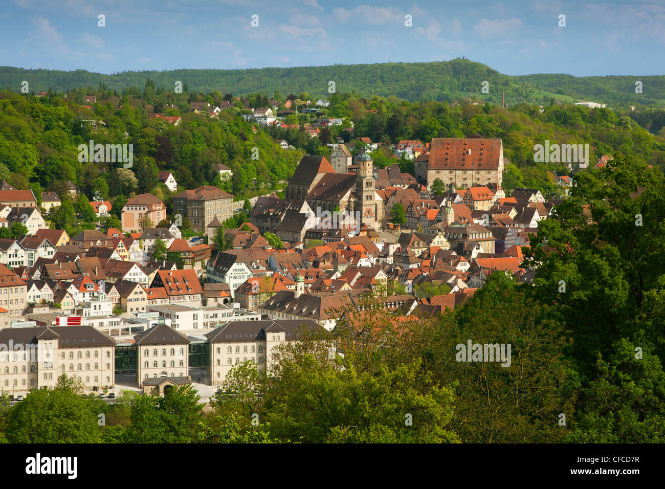 View of the city of Schwaebisch Hall in the sunlight, Hohenlohe region, Baden-Wuerttemberg, Germany, Europe Stock Photo