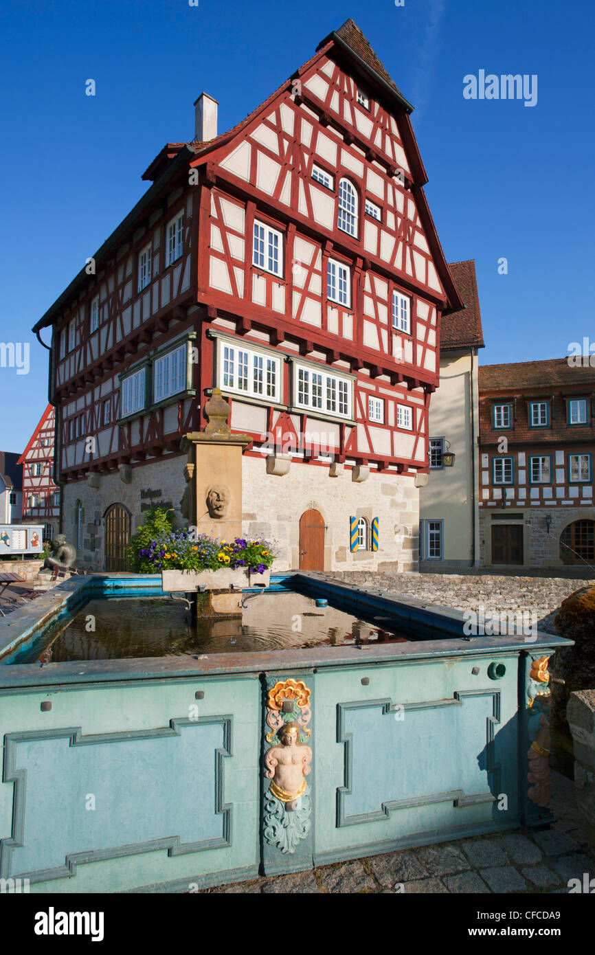 Old Town Hall with fountain, Vellberg, Hohenlohe region, Baden-Wuerttemberg, Germany, Europe Stock Photo
