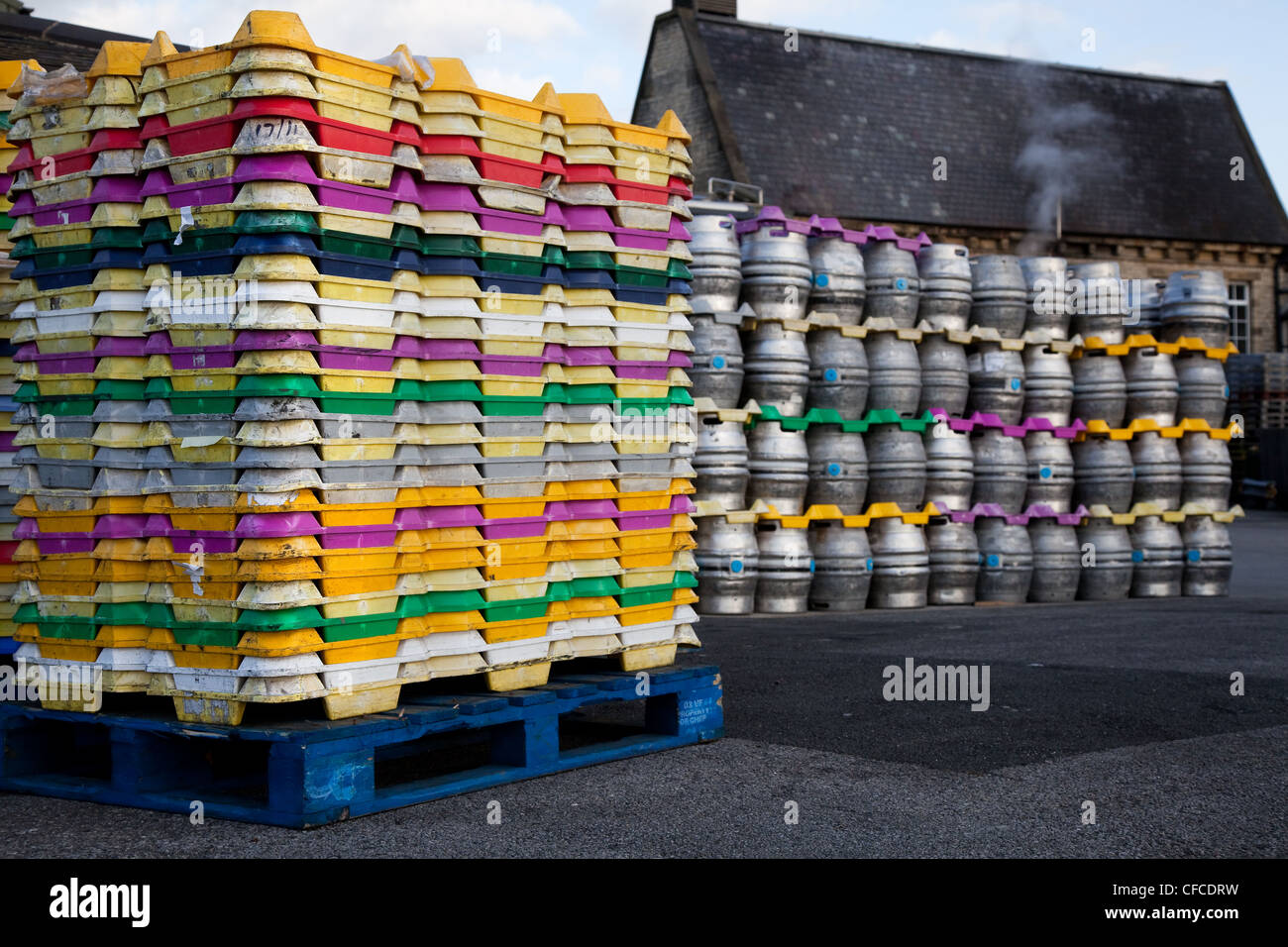 A stack of 41 Litre Aluminium Beer Kegs; ECasks stacked at The Black Sheep Brewery, Masham, North Yorkshire Dales, Richmondshire, UK Stock Photo
