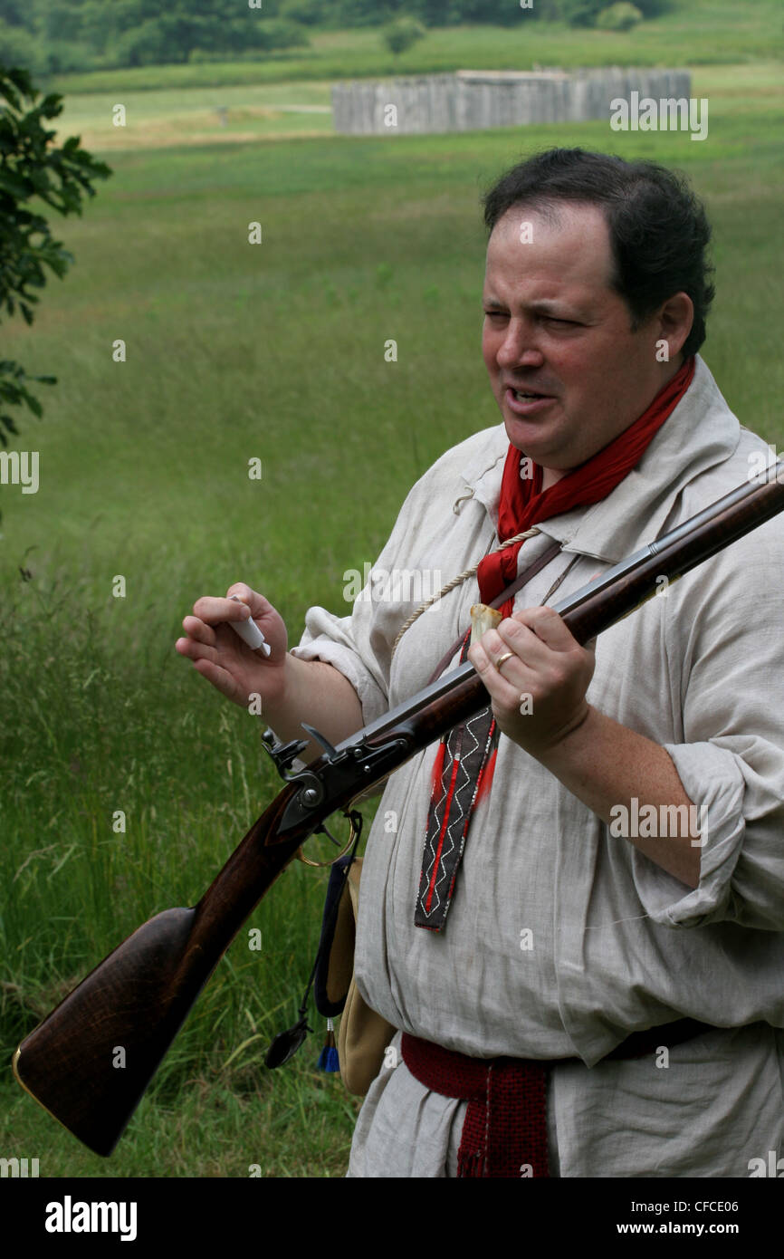 actor demonstrating musket rifle Fort Necessity National Battlefield southwestern Pennsylvania Stock Photo