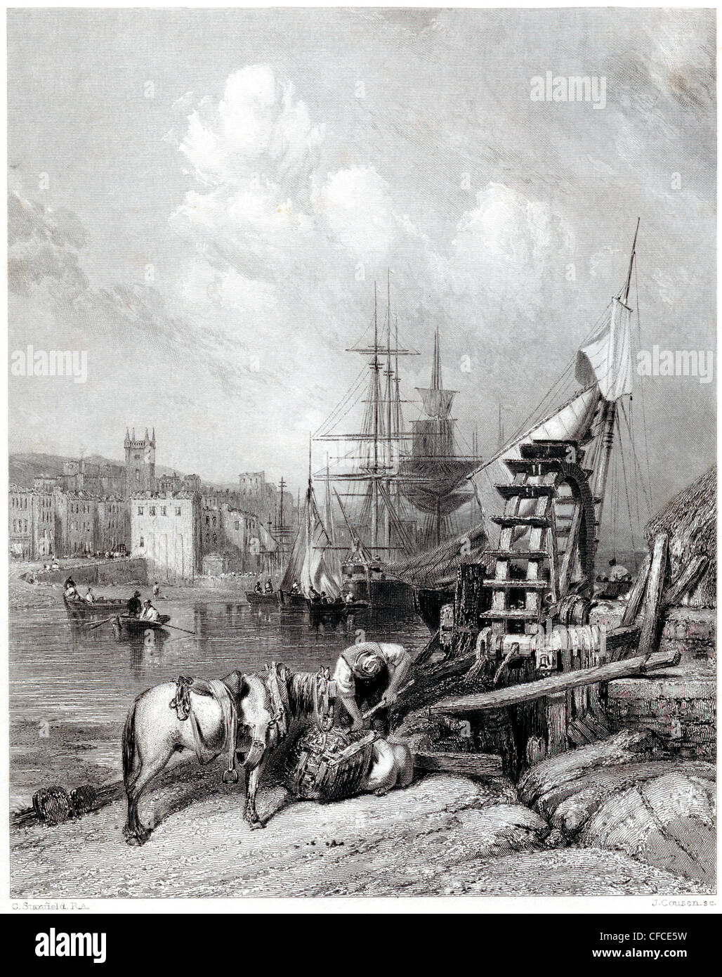 An engraving entitled ' Falmouth from the Mills ' scanned at high resolution from a book published in 1847. Believed copyright free. Stock Photo