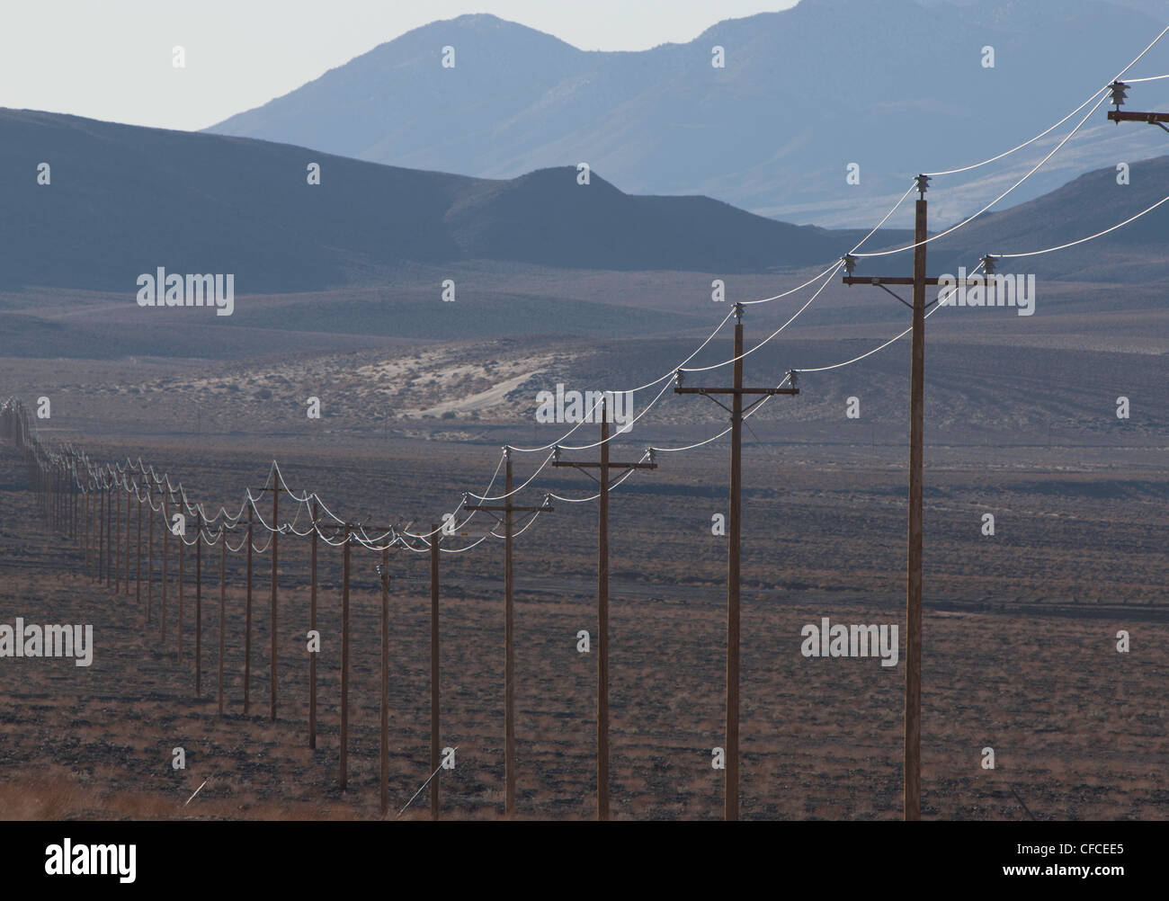 power lines along rural highway in California near Death Valley Stock Photo