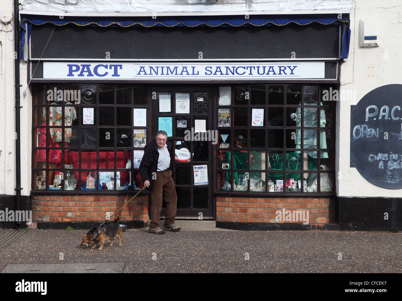 Senior man with dog outside PACT animal sanctuary charity shop Watton Norfolk England UK Stock Photo