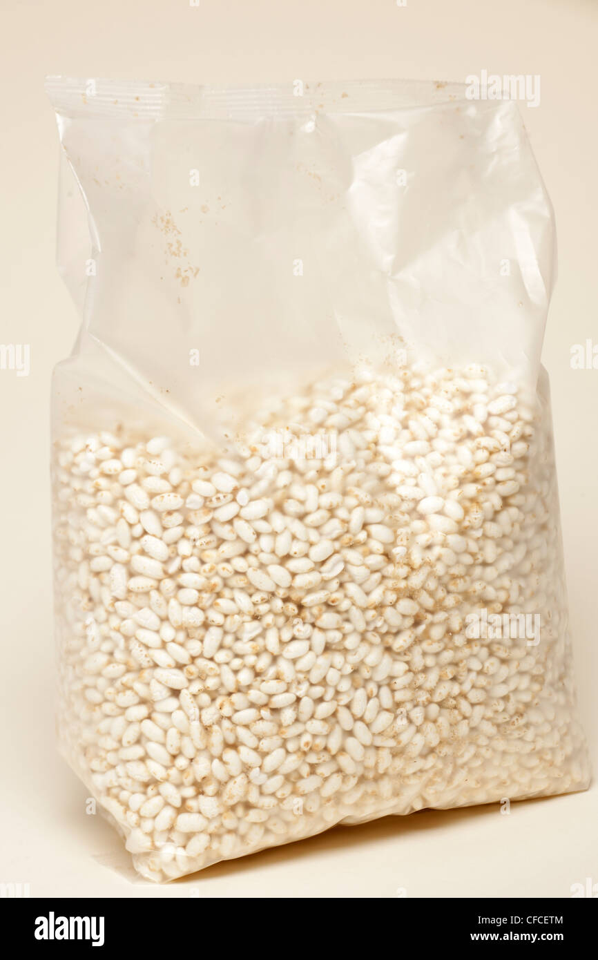 Cellophane bag full of wholegrain puffed rice Stock Photo