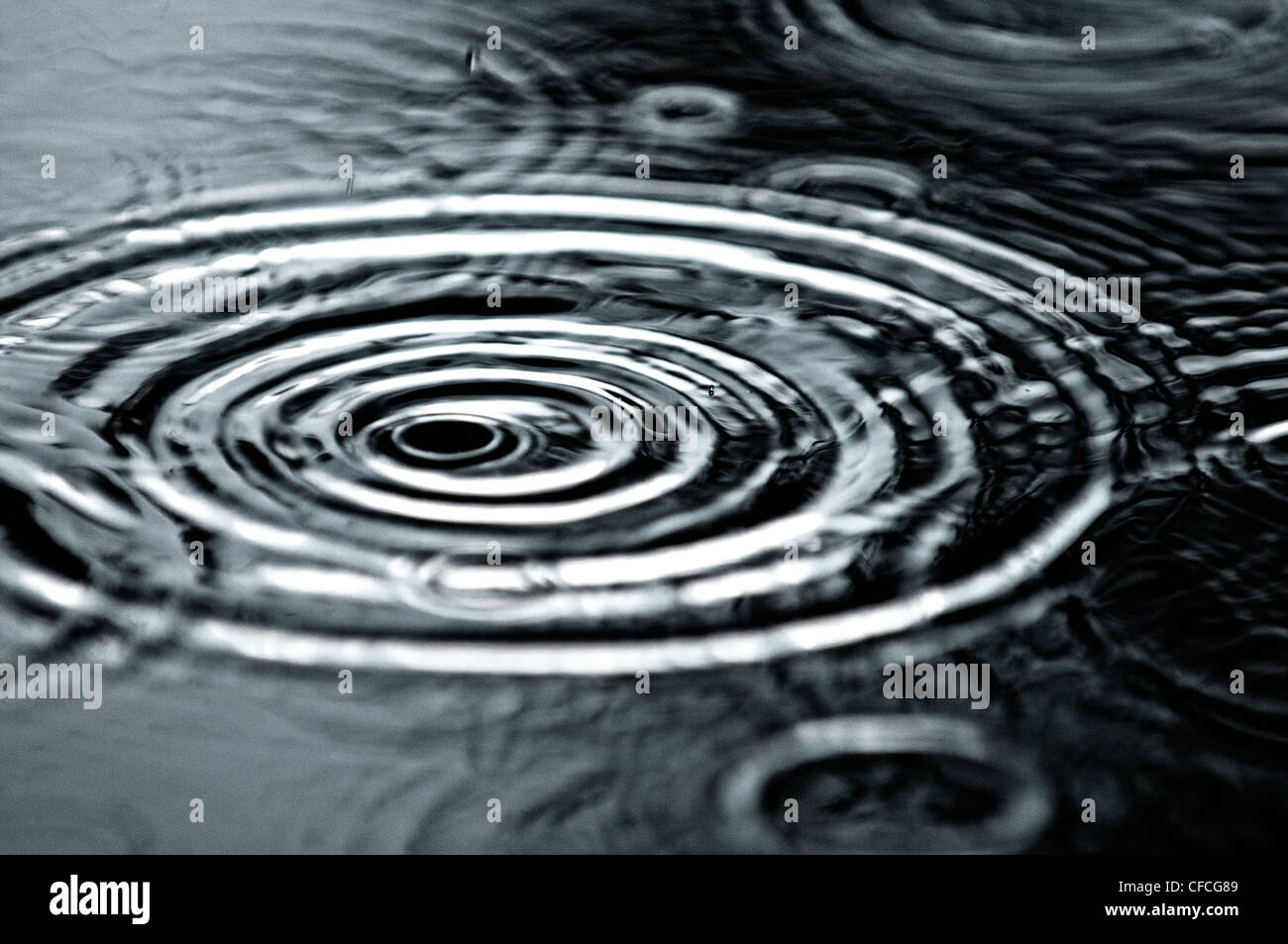 Raindrops fall into a puddle during an afternoon rainstorm in Truckee, California. Stock Photo