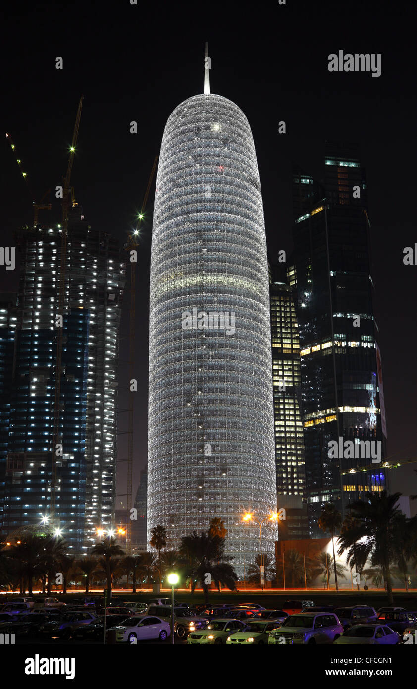 Burj Qatar illuminated at night, Doha West Bay, Qatar Stock Photo Alamy