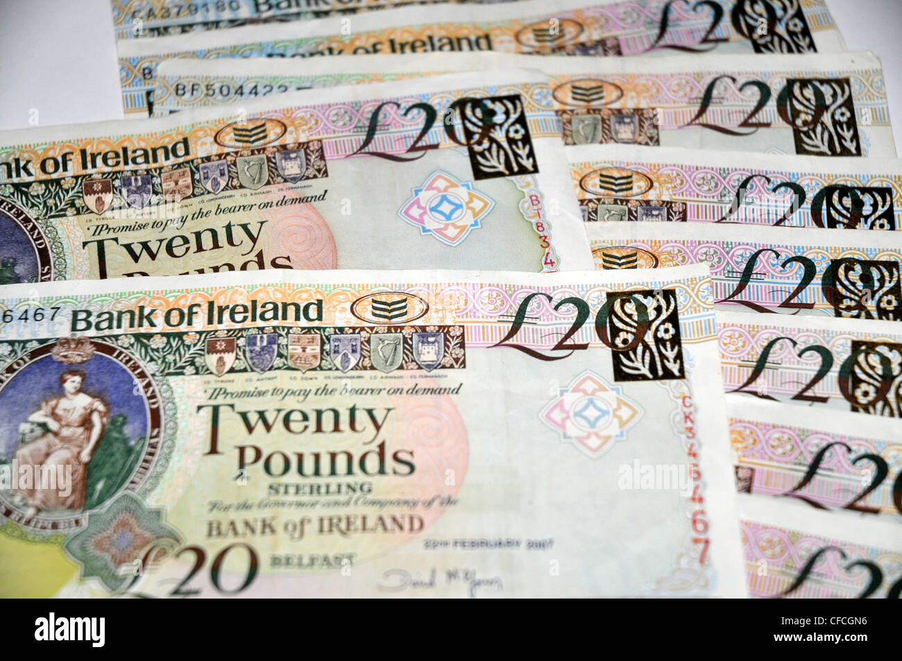 Bank of Ireland £20 notes. Issued by the Bank of Ireland in Belfast, Northern Ireland. Stock Photo