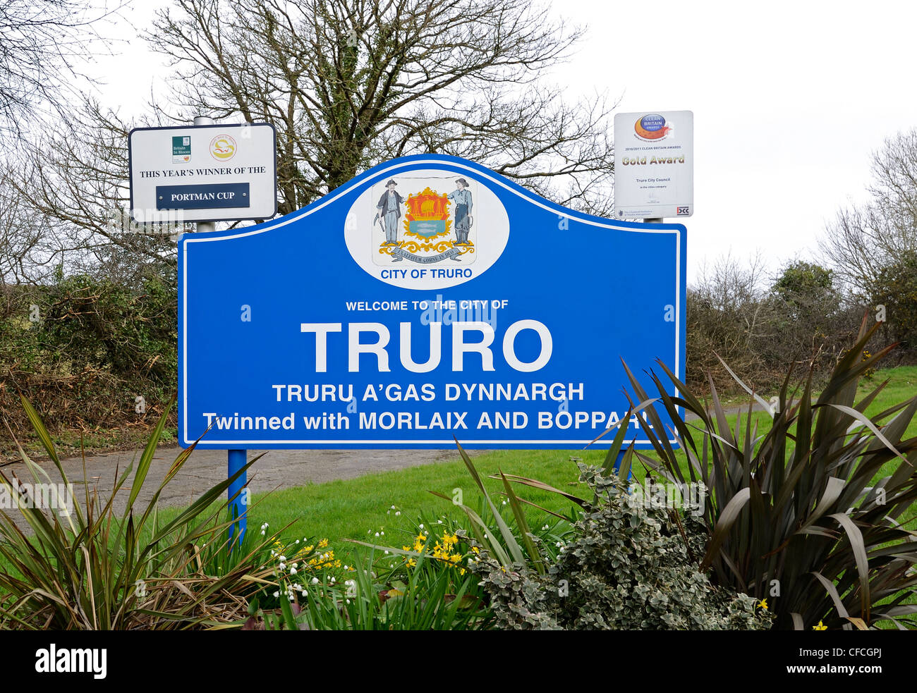 The welcome to Truro, Cornwall, sign on the entrance road into the City Stock Photo