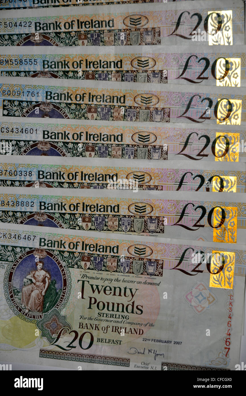 Bank of Ireland £20 notes. Issued by the Bank of Ireland, Belfast, Northern Ireland. Stock Photo