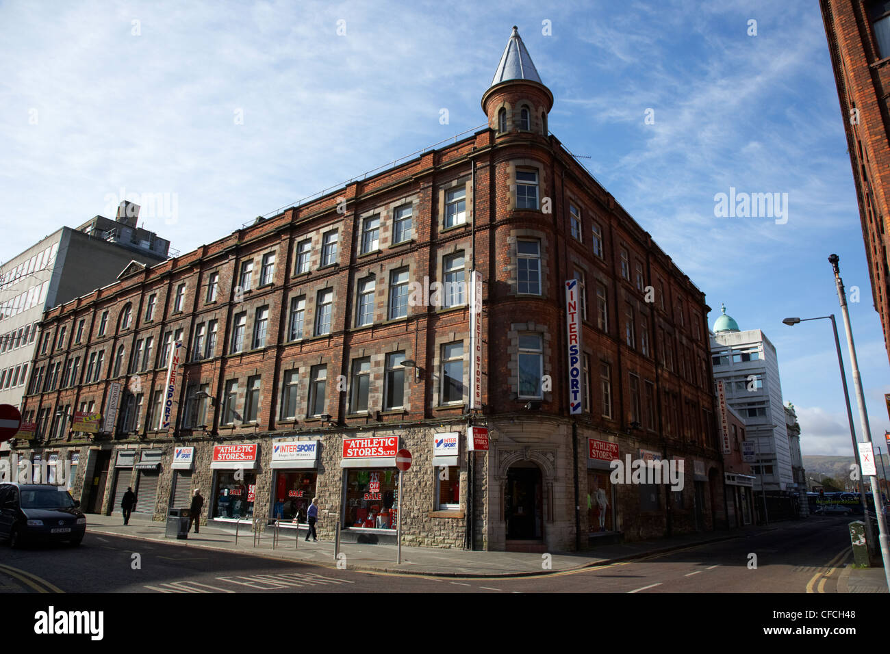 the athletic stores in the former swanstons linen warehouse landmark historic victorian building Belfast Northern Ireland UK Stock Photo