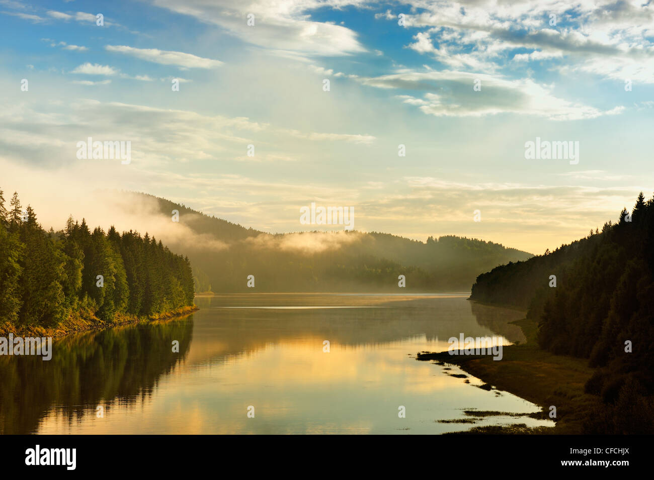 Golden sunbeam shine through the Sösestausee in Harz,Germany. Stock Photo