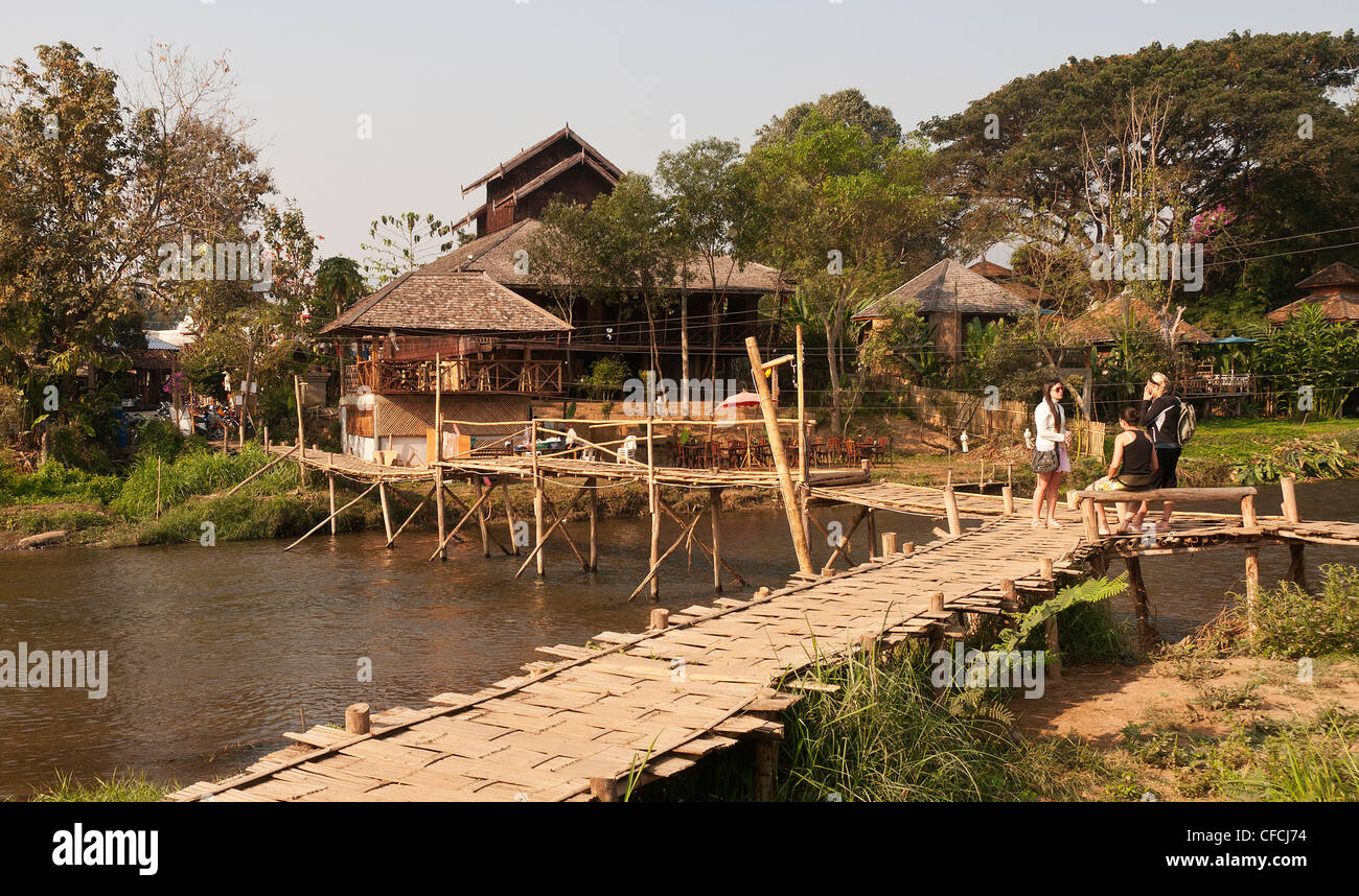 Elk208-4190 Thailand, Pai, Mae Pai River view with pedestrian bridge Stock Photo