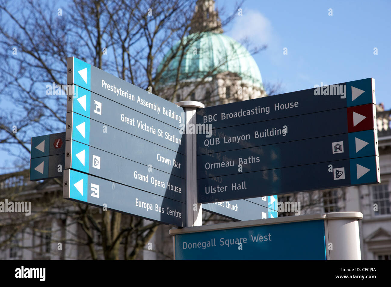 Directions To City Hall Tourist Directions And Information Signs Donegall Square In Front Of  Belfast City Hall Northern Ireland Uk Stock Photo - Alamy
