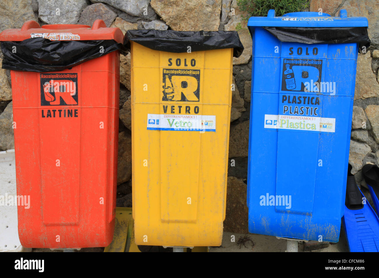 Recycling bins in Lerici, Italy. Stock Photo