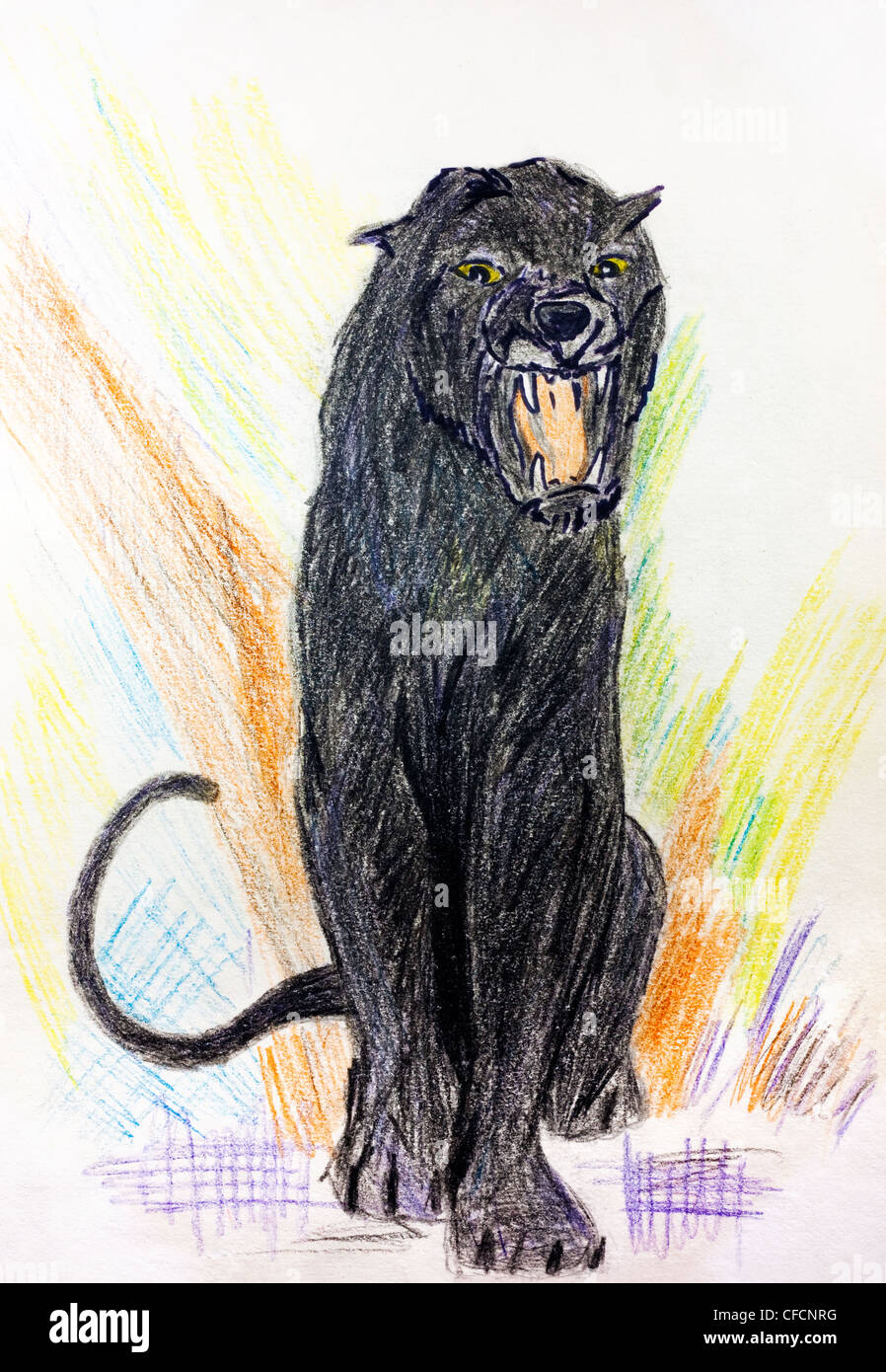 Child painting of a black puma or panther roaring Stock Photo