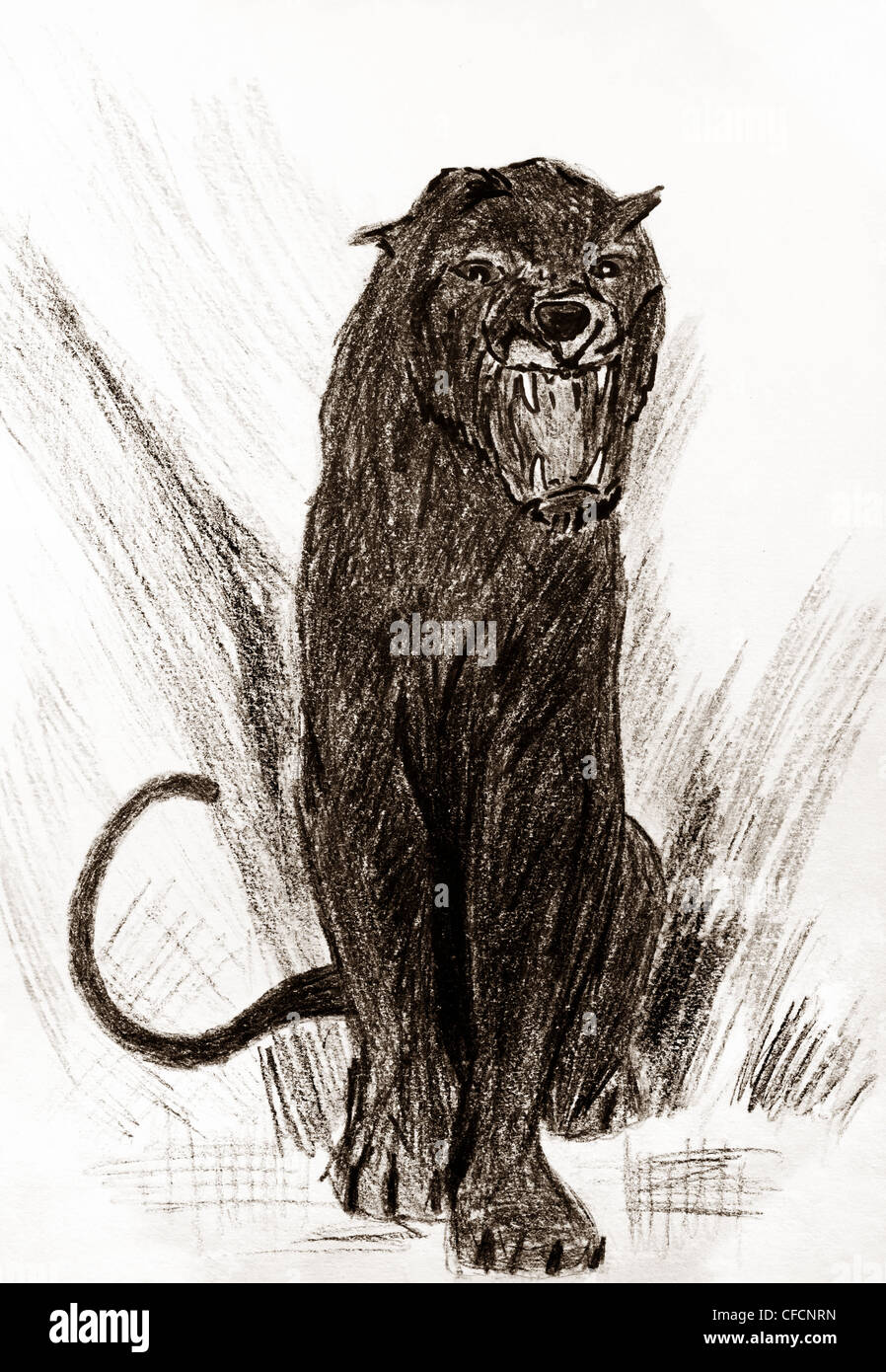 Child painting of a black puma or panther roaring Stock Photo