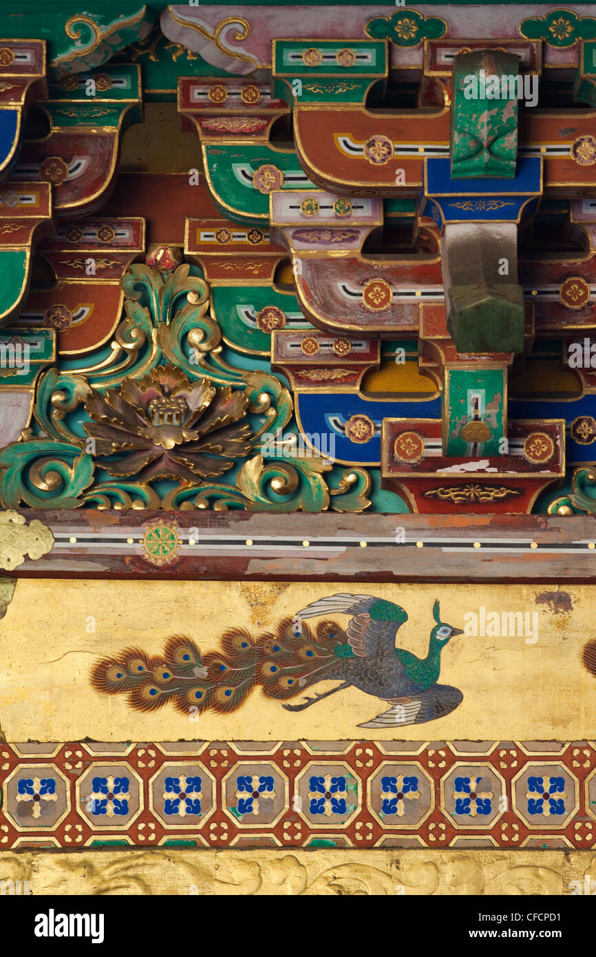Japan, Nikko, Toshogu Shrine, Artwork Detail featuring Peacock Stock Photo