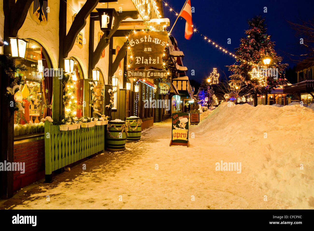 The Platz at night in winter, Kimberley, British Columbia, Canada. Stock Photo
