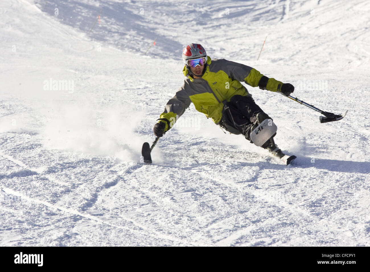 Disabled ski racer training at Kimberley Alpine Resort, British Columbia, Canada. (model release #08301) Stock Photo