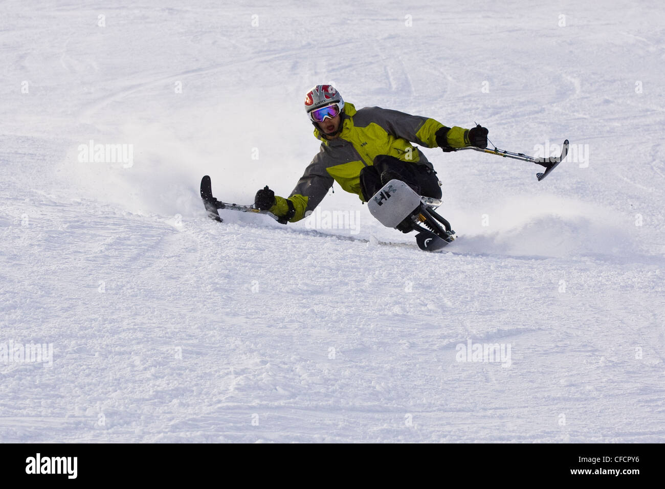 Disabled ski racer training at Kimberley Alpine Resort, British Columbia, Canada. (model release #08301) Stock Photo