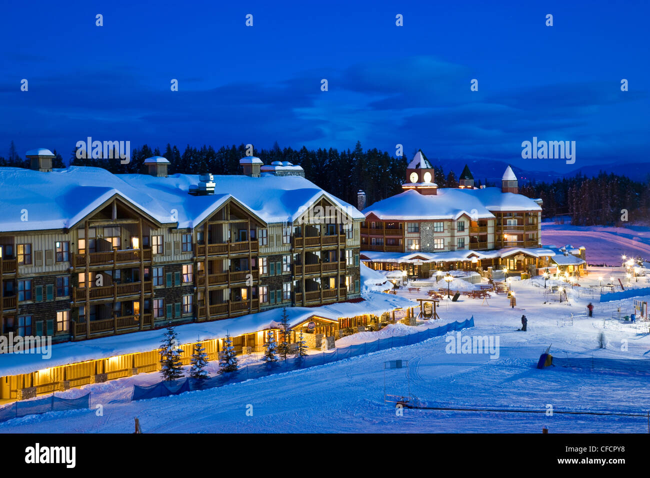 Base of Kimberley Alpine Resort at night, Kimberley, British Columbia, Canada. Stock Photo