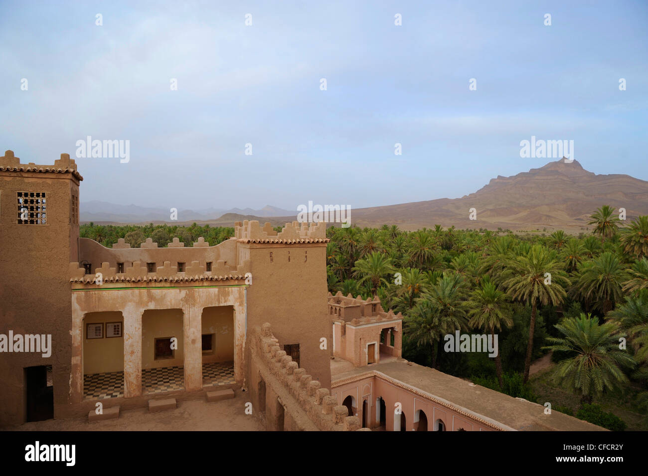 Palmerie and Kasbah Asslim in Agdz, view from the roof towards the desert mountains, Draa South of the High Atlas, Morocco, Afri Stock Photo