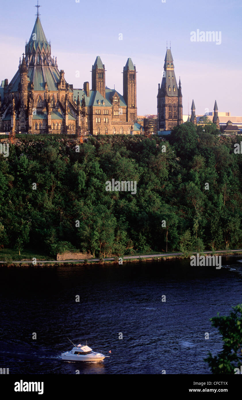 Library of Parliament buildings across Ottawa River, Ottawa, Ontario, Canada. Stock Photo