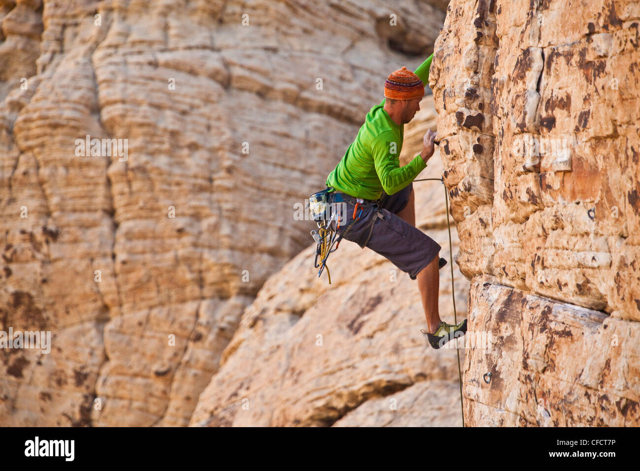 A male climber sport climbing in Red Rocks, Las Vegas, Nevada, United