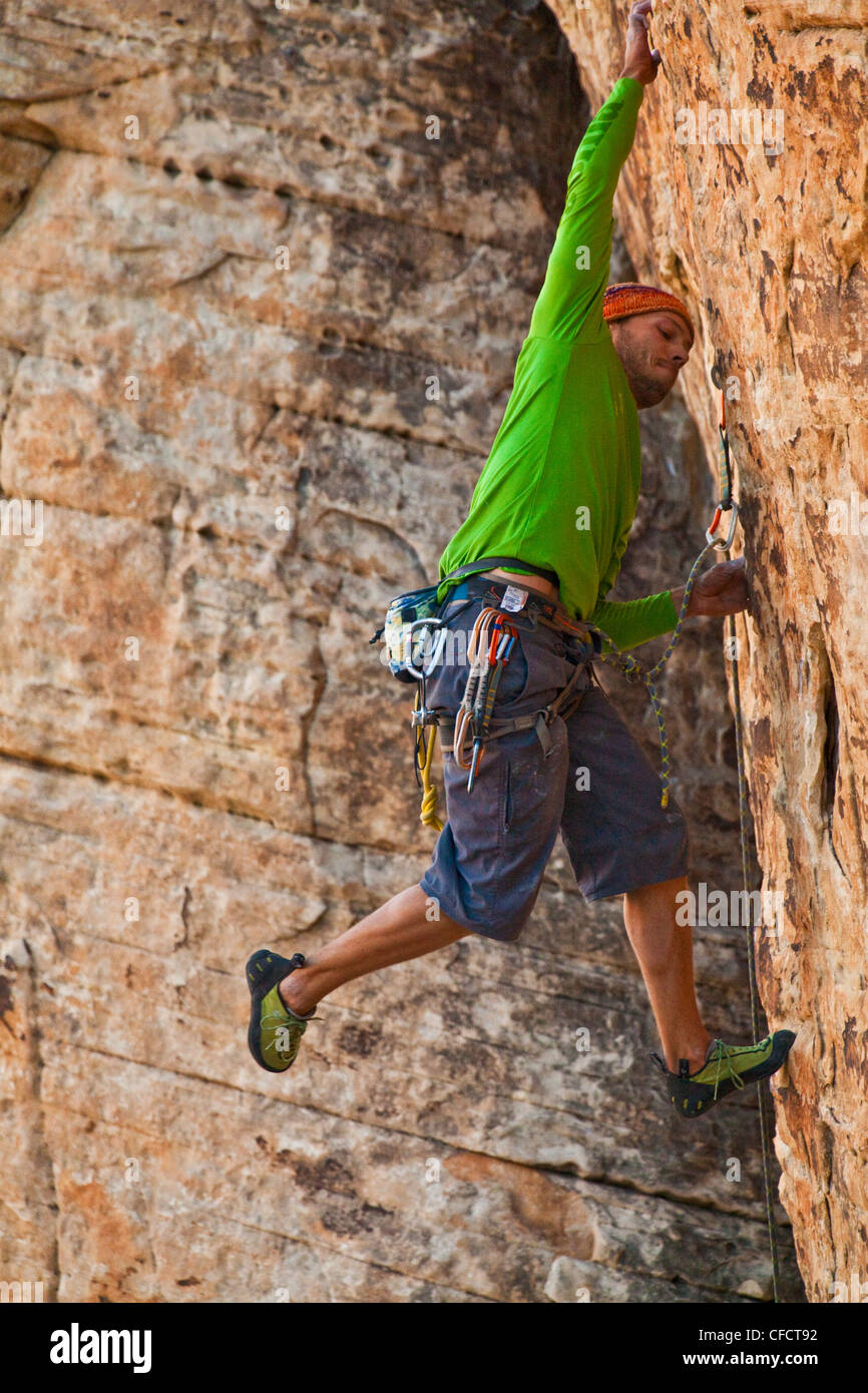 A male climber sport climbing in Red Rocks, Las Vegas, Nevada, United