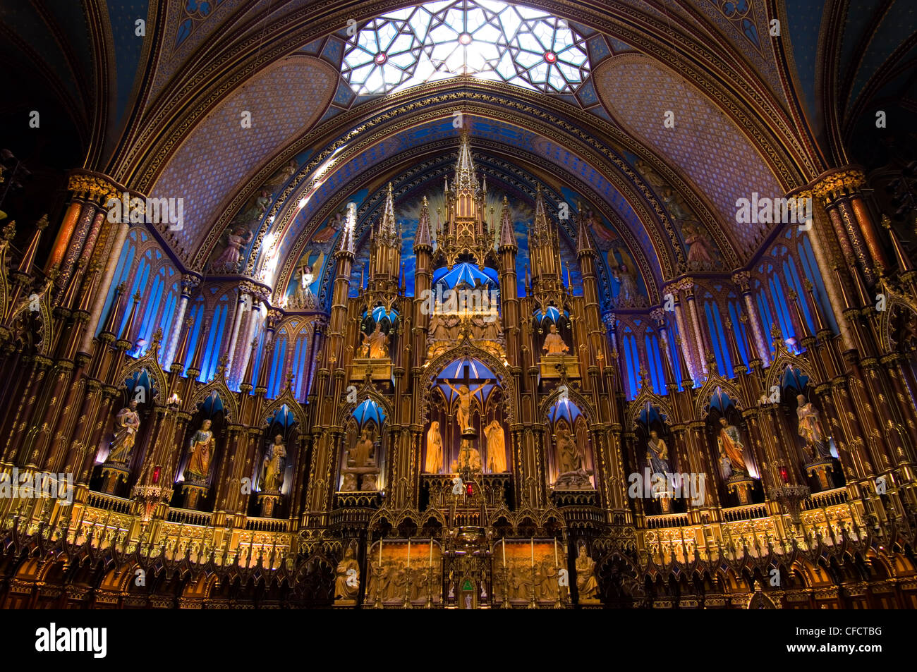 Interior alter of Notre-Basilica, at Place d'Armes in Old Montreal, Quebec, Canada. Stock Photo