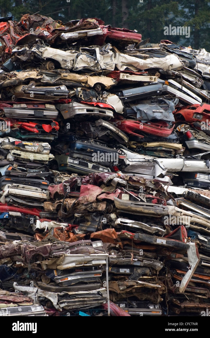 Stacks of obsolete cars in recycling yard, Vancouver Island, British Columbia, Canada Stock Photo
