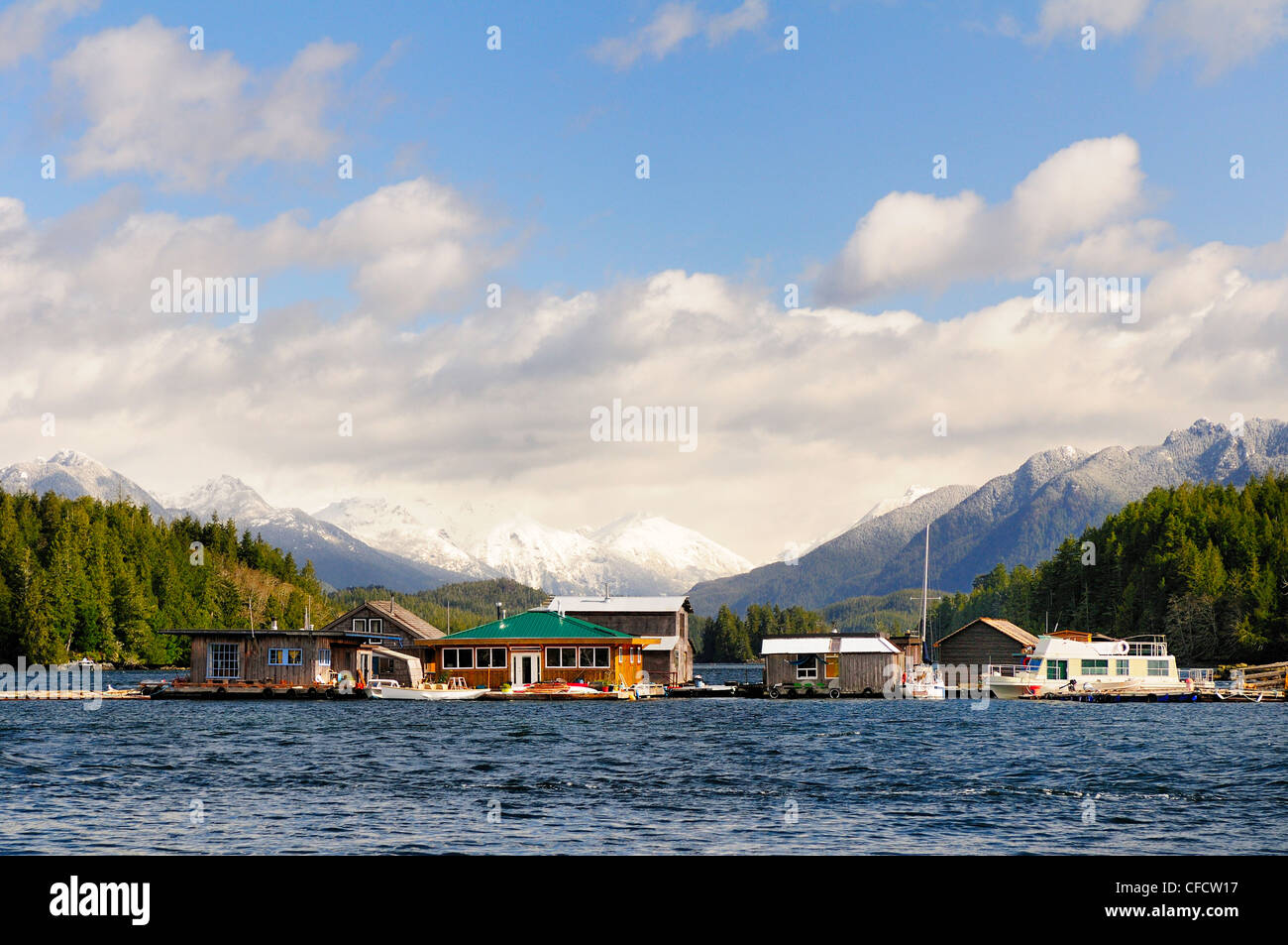Sail boats and float houses in the harbour in Tofino, British Columbia, Canada. Stock Photo