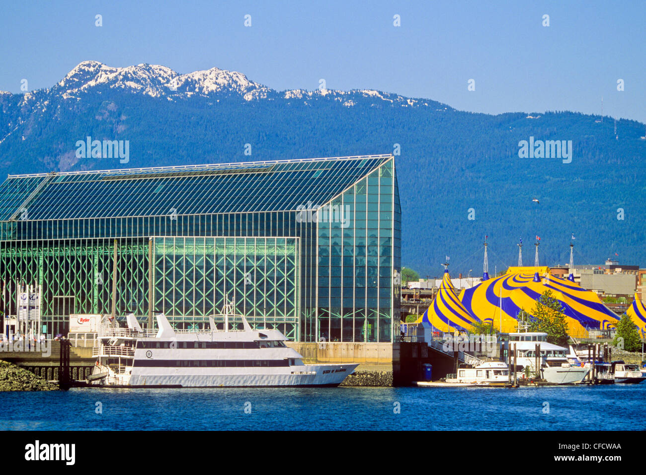 Pleasure boats and Cirque de soleil tents, Plaza of Nations, False Creek, Vancouver, British Columbia, Canada Stock Photo