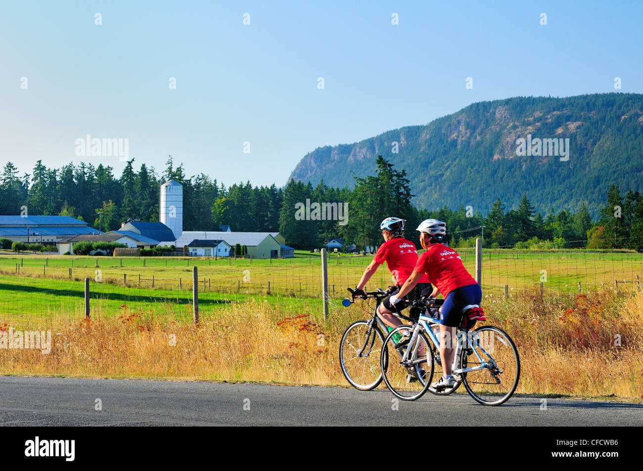 Kumiko Kagita (model release) and Judy Mills (model release) cycling through farm land in Cowichan Bay, BC. Stock Photo