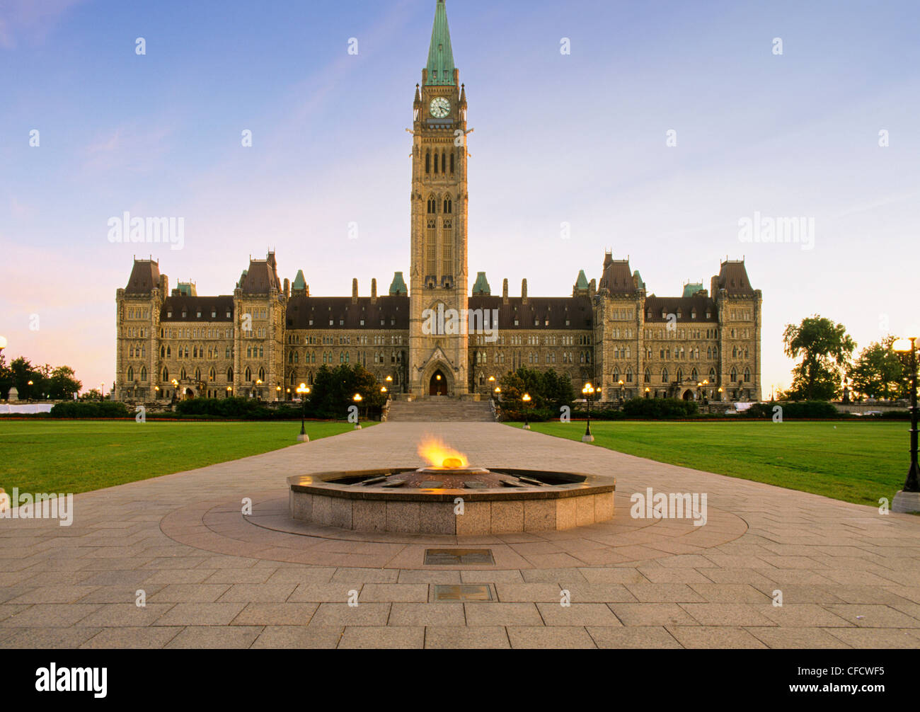 Peace Tower, Eternal Flame, Center Block, Parliament Hill, Ottawa, Ontario, Canada Stock Photo