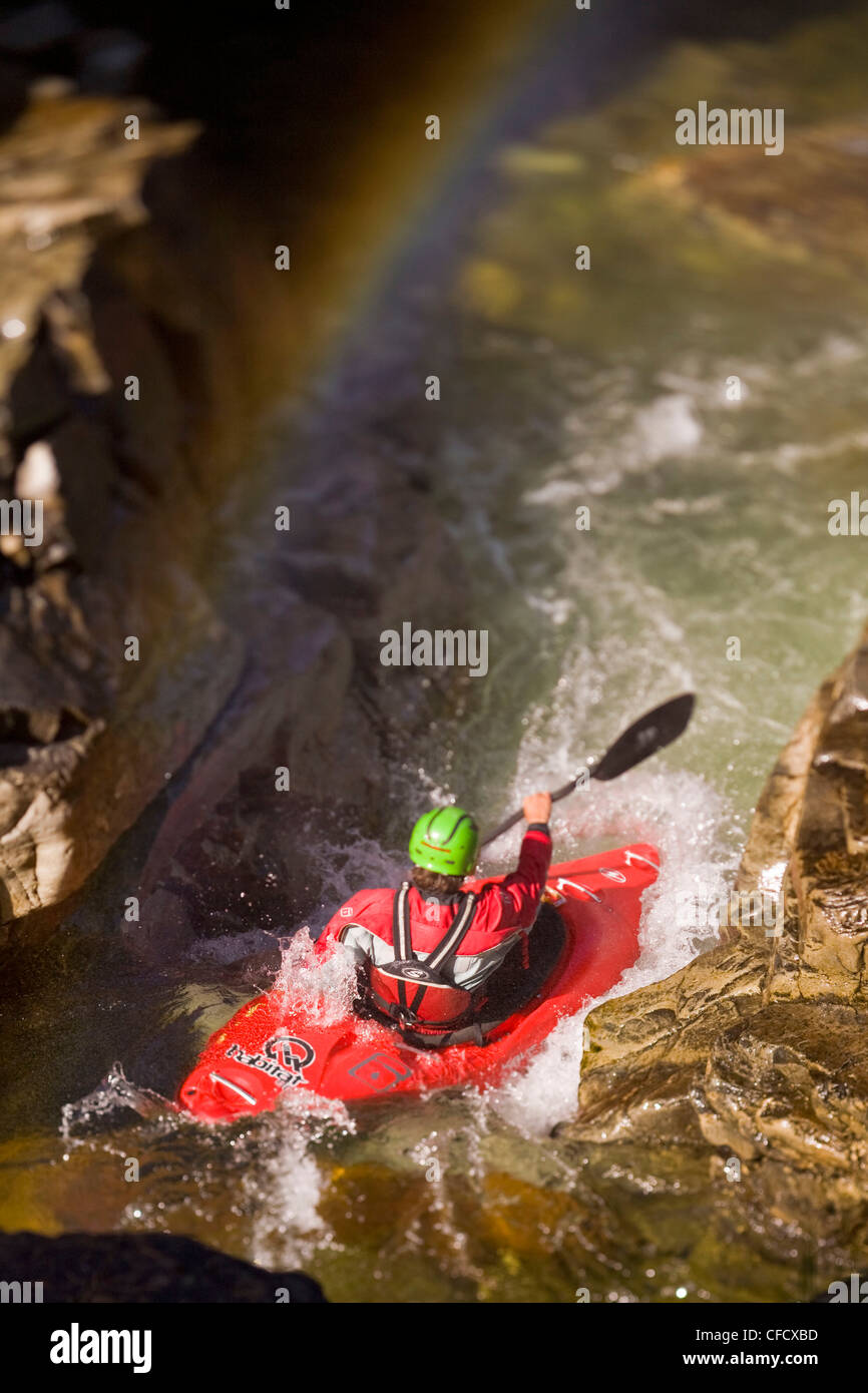 A paddler follows his rainbow to the pot of gold on the Moyie River