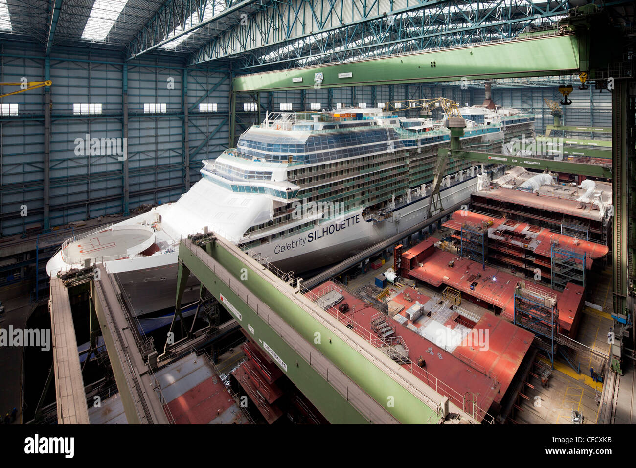 Cruiser under construction in dry dock, Meyer Werft, Papenburg, Lower Saxony, Germany Stock Photo