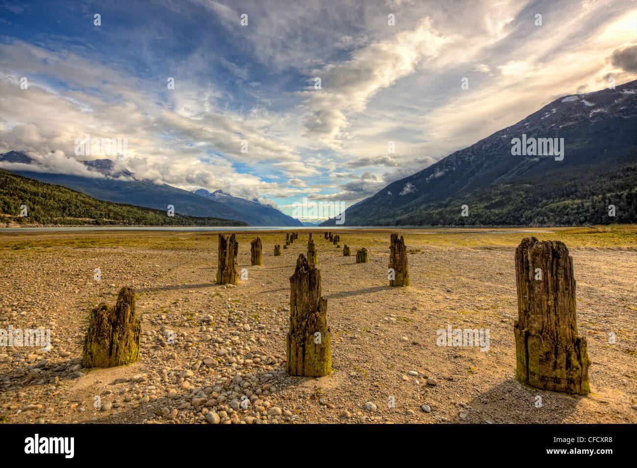 Old pier stands at the abandoned townsite of Dyea, Skagway, Alaska, Canada. Stock Photo