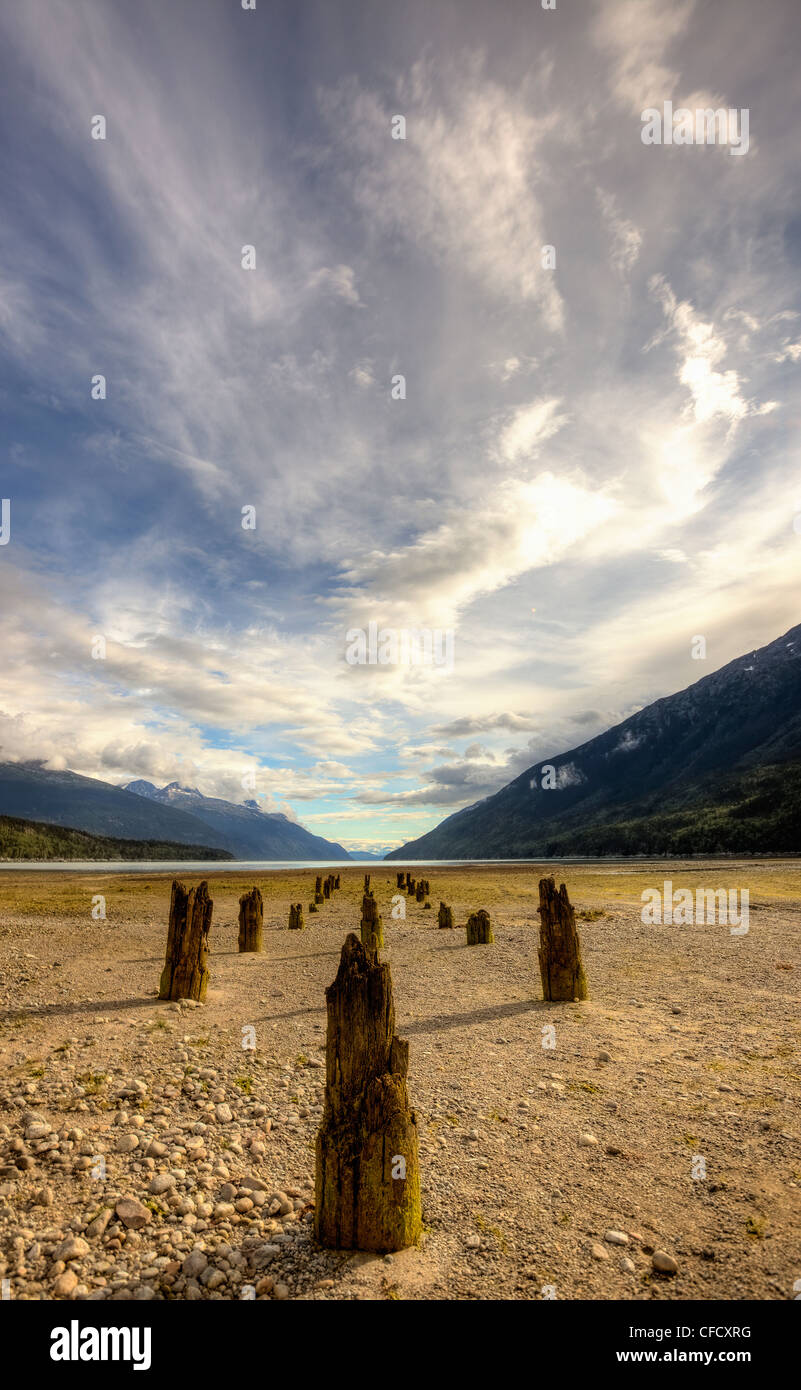 Old pier stands at the abandoned townsite of Dyea, Skagway, Alaska, Canada. Stock Photo