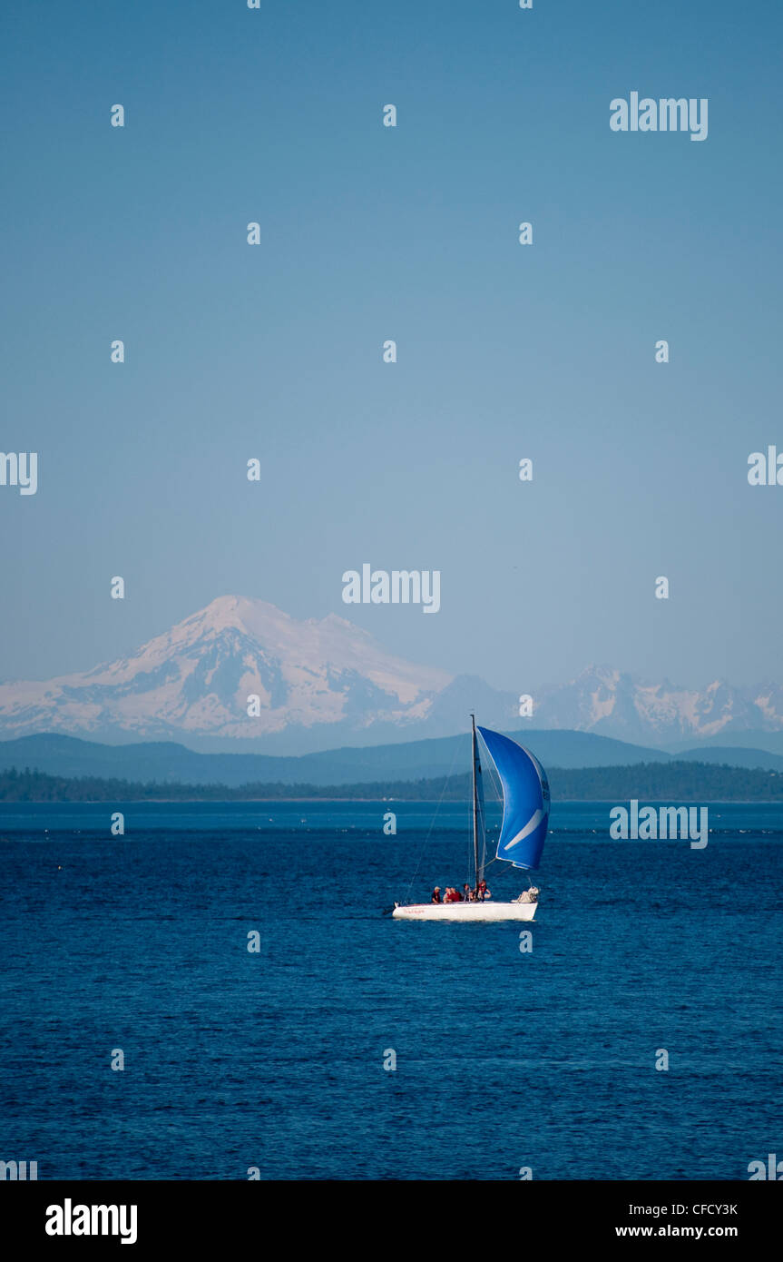 Sailboats with spinnakers from Royal Victoria Yacht Club and Mt Baker, Victoria, British Columbia, Canada Stock Photo