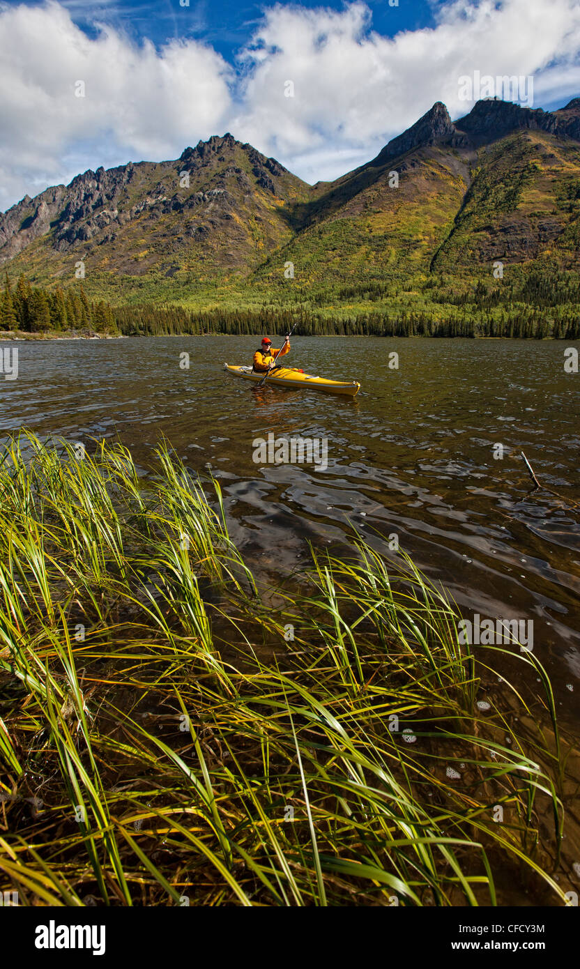 Kayaking on Annie Lake, Yukon, Canada. Stock Photo