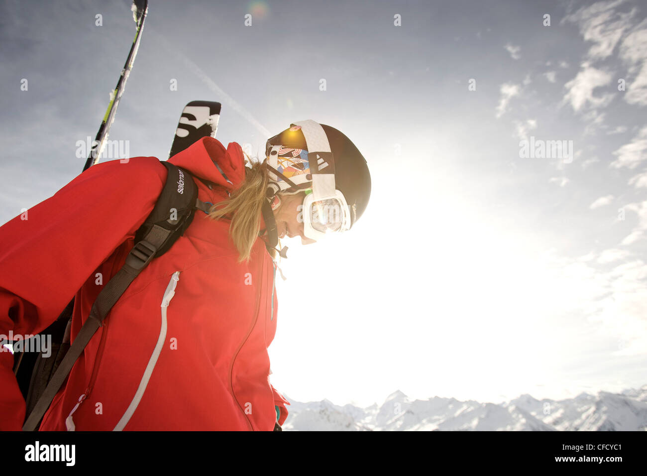 Female skier in backlight, Chandolin, Anniviers, Valais, Switzerland Stock Photo