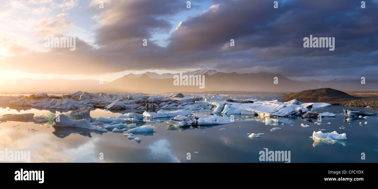 Icebergs,on the Jokulsarlon glacial lagoon at sunset, Iceland, Polar Regions Stock Photo