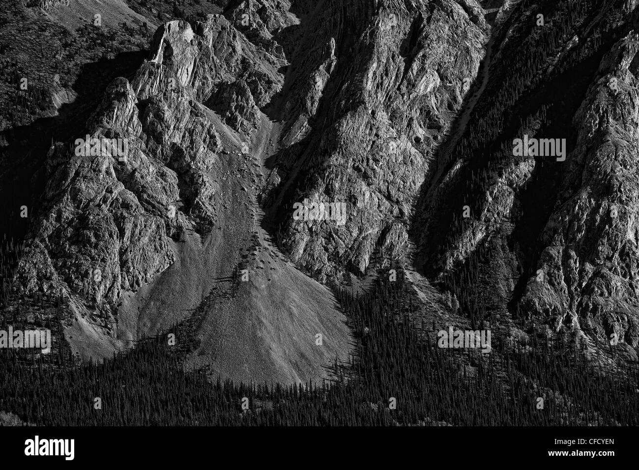 Black and white image of mountains alongthe South Klondike Highway. Yukon, Canada. Stock Photo