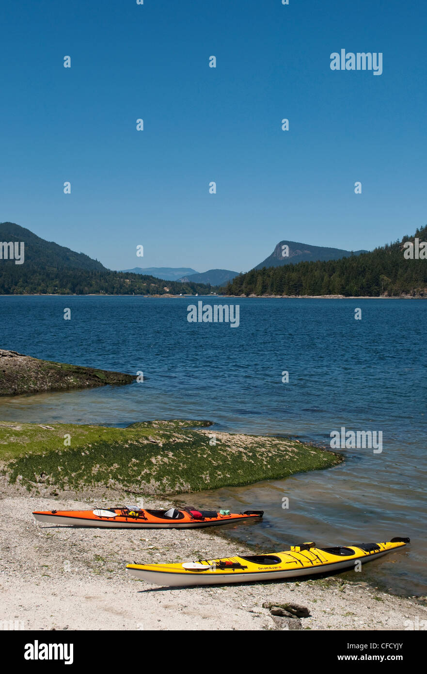 Kayaks on Russell Island with view to Fulford Harbour, Saltspring
