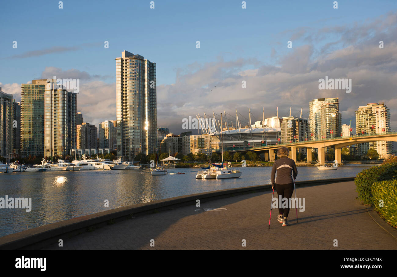 Cambie Bridge, city skyline with new retractable roof on BC Place Stadium, False Creek, Vancouver, British Columbia, Canada Stock Photo