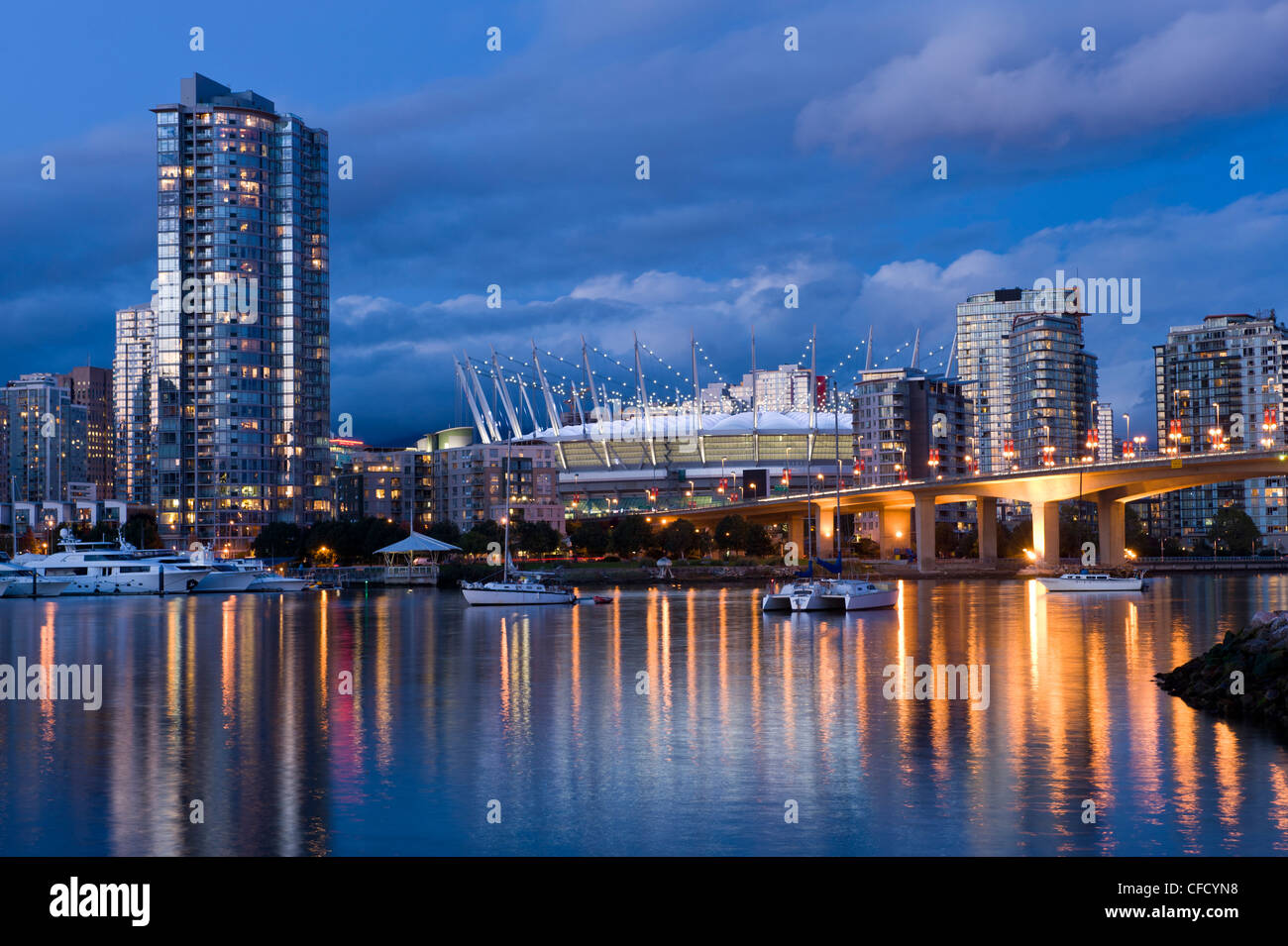 Cambie Bridge, city skyline with new retractable roof on BC Place Stadium, False Creek, Vancouver, British Columbia, Canada Stock Photo