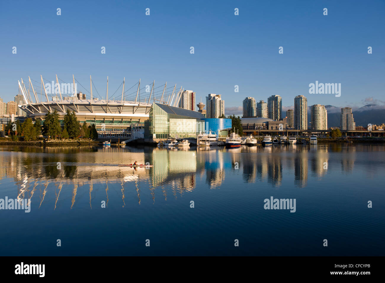 BC Place Stadium and the Plaza of Nations Site, False Creek, Vancouver, British Columbia, Canada Stock Photo