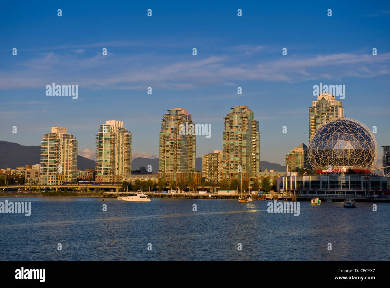 Telus World of Science and buildings, False Creek, Vancouver, British Columbia, Canada Stock Photo