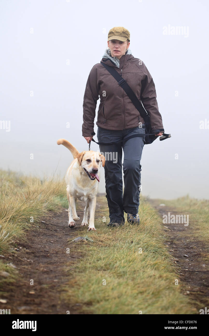 Woman walking her Yellow Labrador Retriever dog on a rainy, foggy day. Nose Hill Park, Calgary, Alberta, Canada. Stock Photo